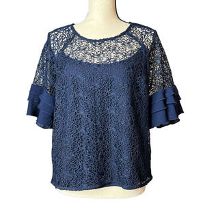 New New York & Company Blouse in Blue Lace Short Ruffled Sleeve Size Medium